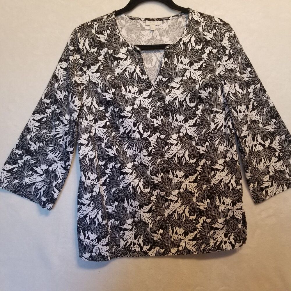 Talbots S Top Cotton Split Hem 3/4 Sleeve Black White Floral Stretch Tropical
